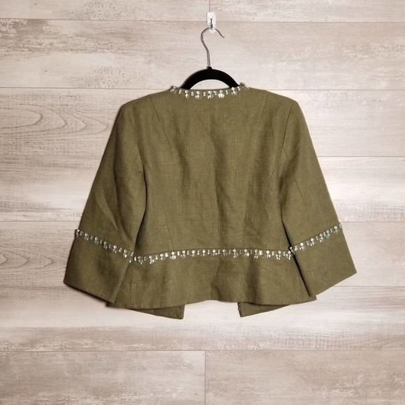 Tory Burch Avery Hills Linen Blend Rhinestone 3/4 Sleeve Jacket Green Size 4 - Picture 3 of 8